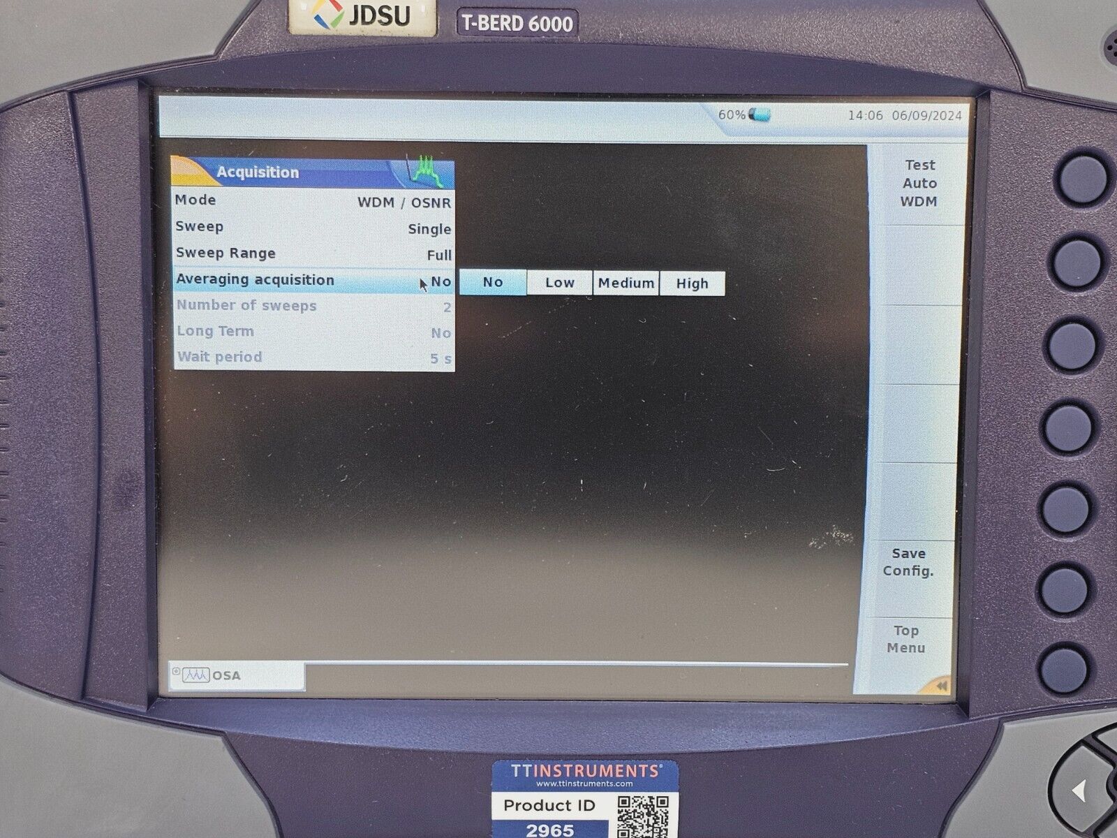 Viavi JDSU T-BERD 6000 + OSA-110M 1250-1650 nm 2304/91.02 PC-FC Optical Spectrum