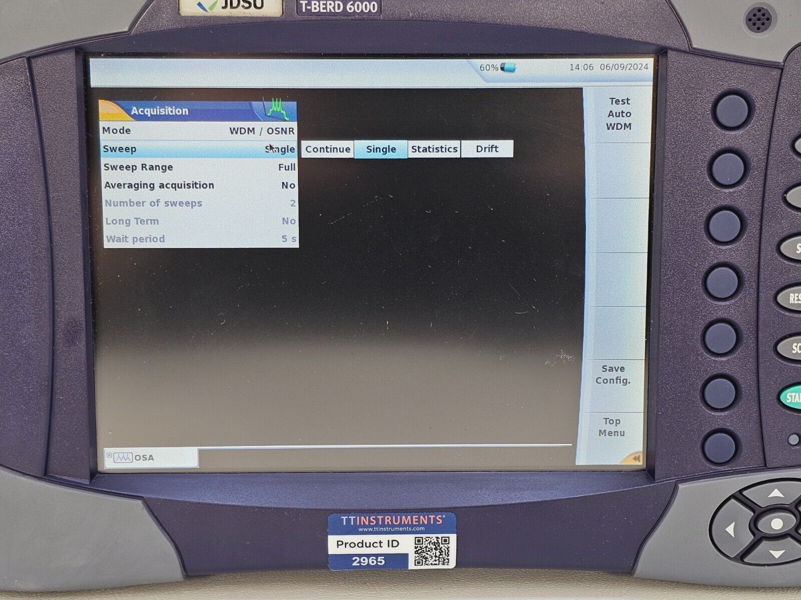 Viavi JDSU T-BERD 6000 + OSA-110M 1250-1650 nm 2304/91.02 PC-FC Optical Spectrum