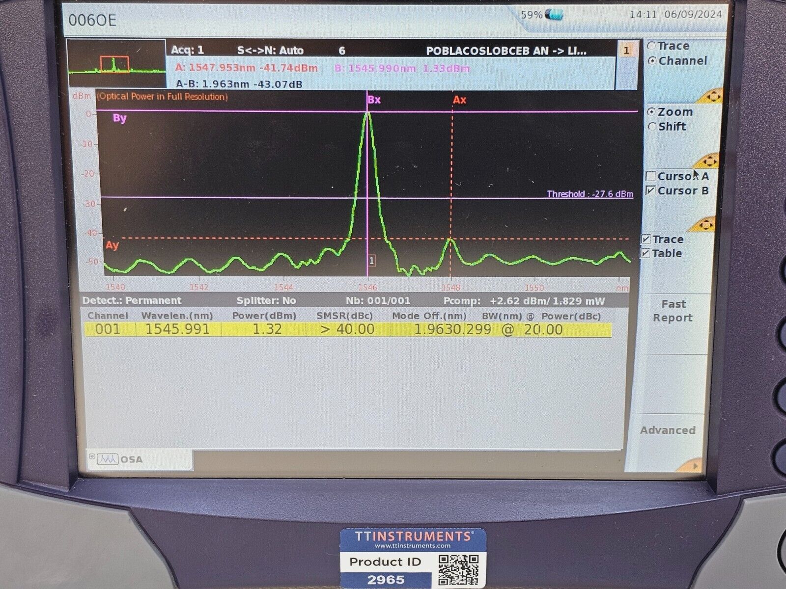 Viavi JDSU T-BERD 6000 + OSA-110M 1250-1650 nm 2304/91.02 PC-FC Optical Spectrum