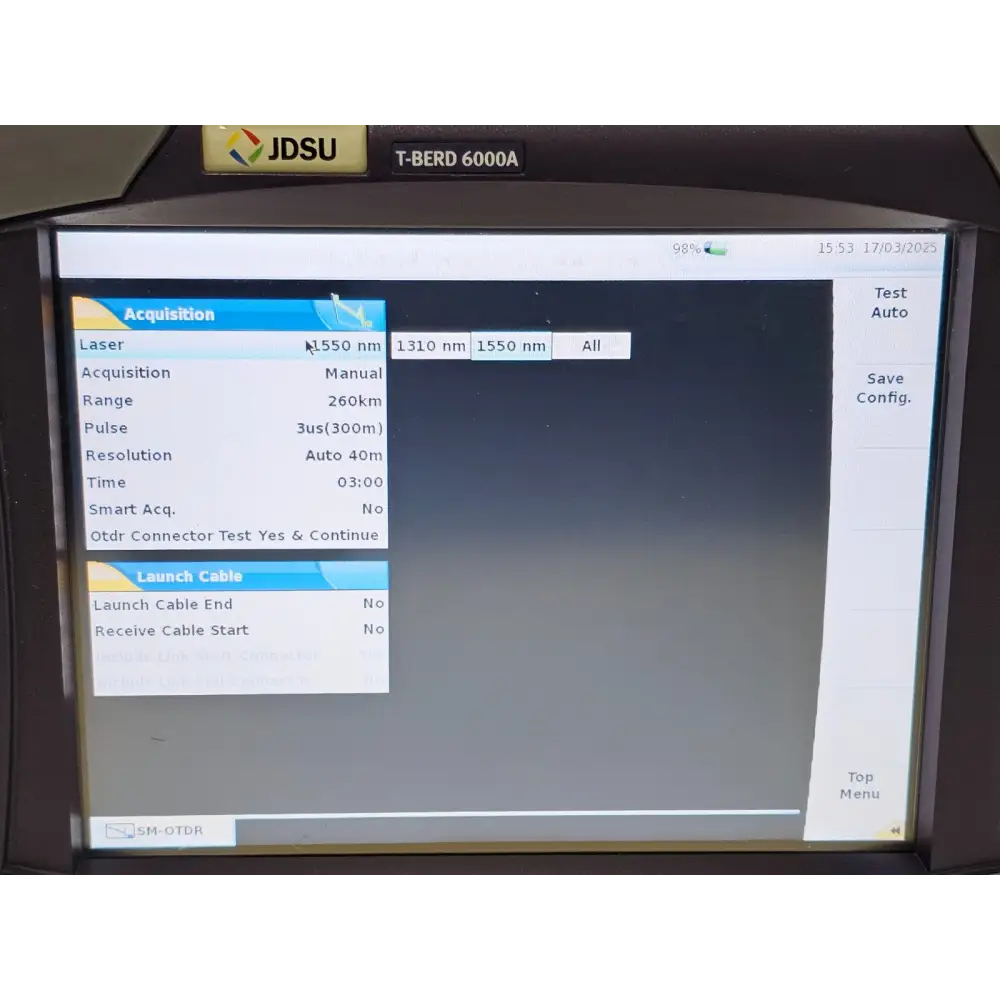 Close-up of T-BERD 6000A display showing long-range OTDR wavelength settings