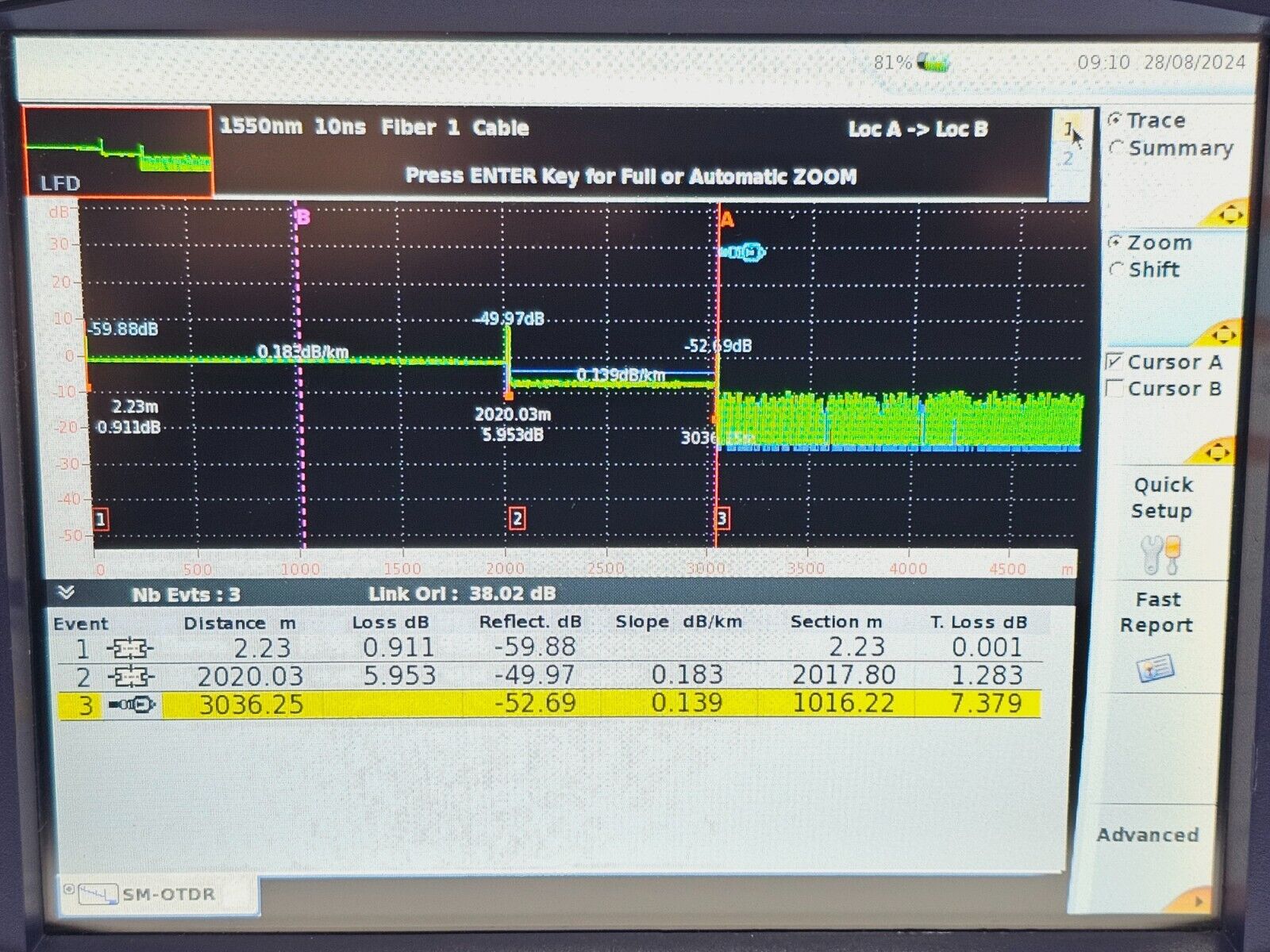 Viavi JDSU T-BERD TB 6000A with 8126B SM OTDR 1310/1550nm 41/40 dB E8126B APC FC