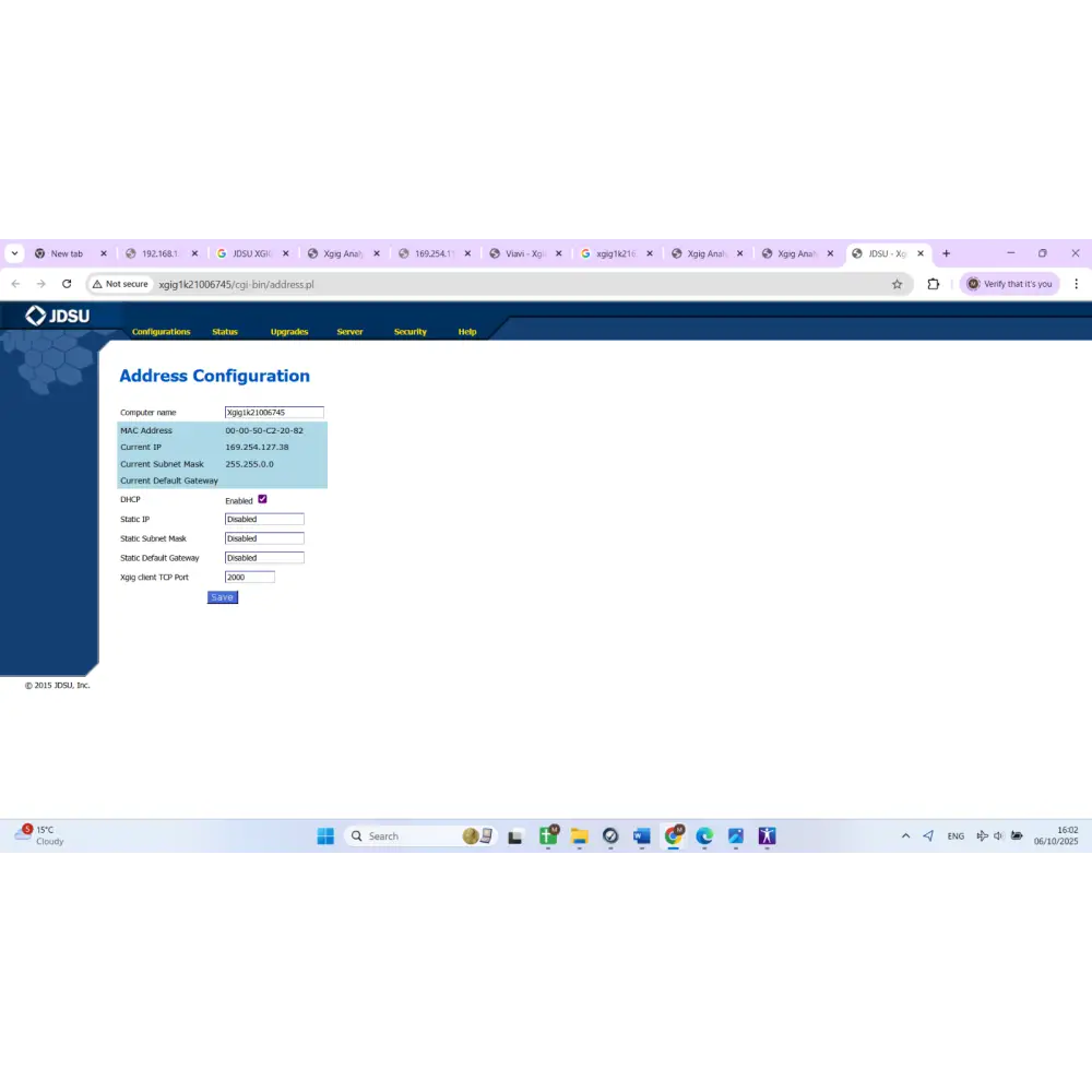 JDSU Xgig 1000 web interface address configuration screen showing hostname xgig1k21006745 and DHCP settings