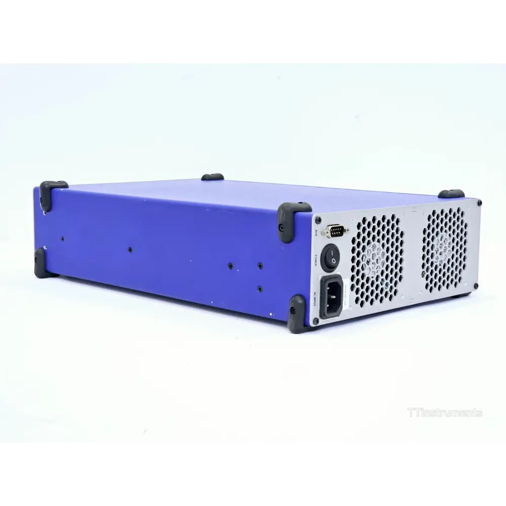JDSU Xgig 1000 PCIe Gen3 test platform angled rear view showing blue chassis, dual fans, AC input and AUX connector