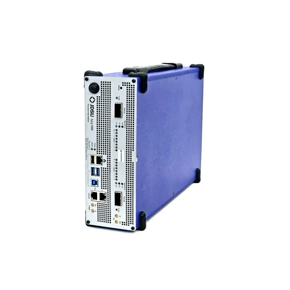 Viavi JDSU Xgig1K-PCIe3-X8 chassis angled side view showing blue enclosure, rubber corner guards and front panel ports