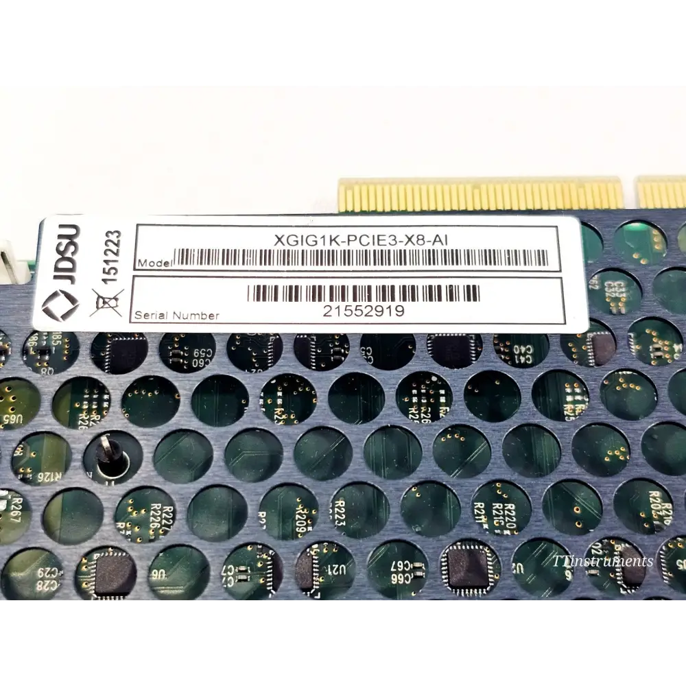 VIAVI JDSU XGIG1K-PCIE3-X8-AI model label close-up showing model number and serial number 21552919