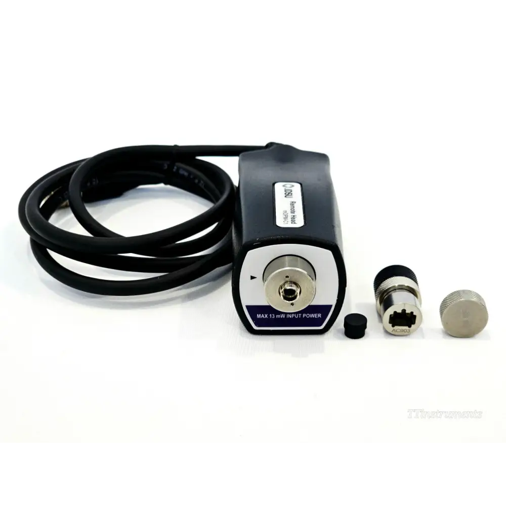 VIAVI mOPM-C1RHPCT remote head with cable coiled, AC903 detector adapter and blanking cap alongside