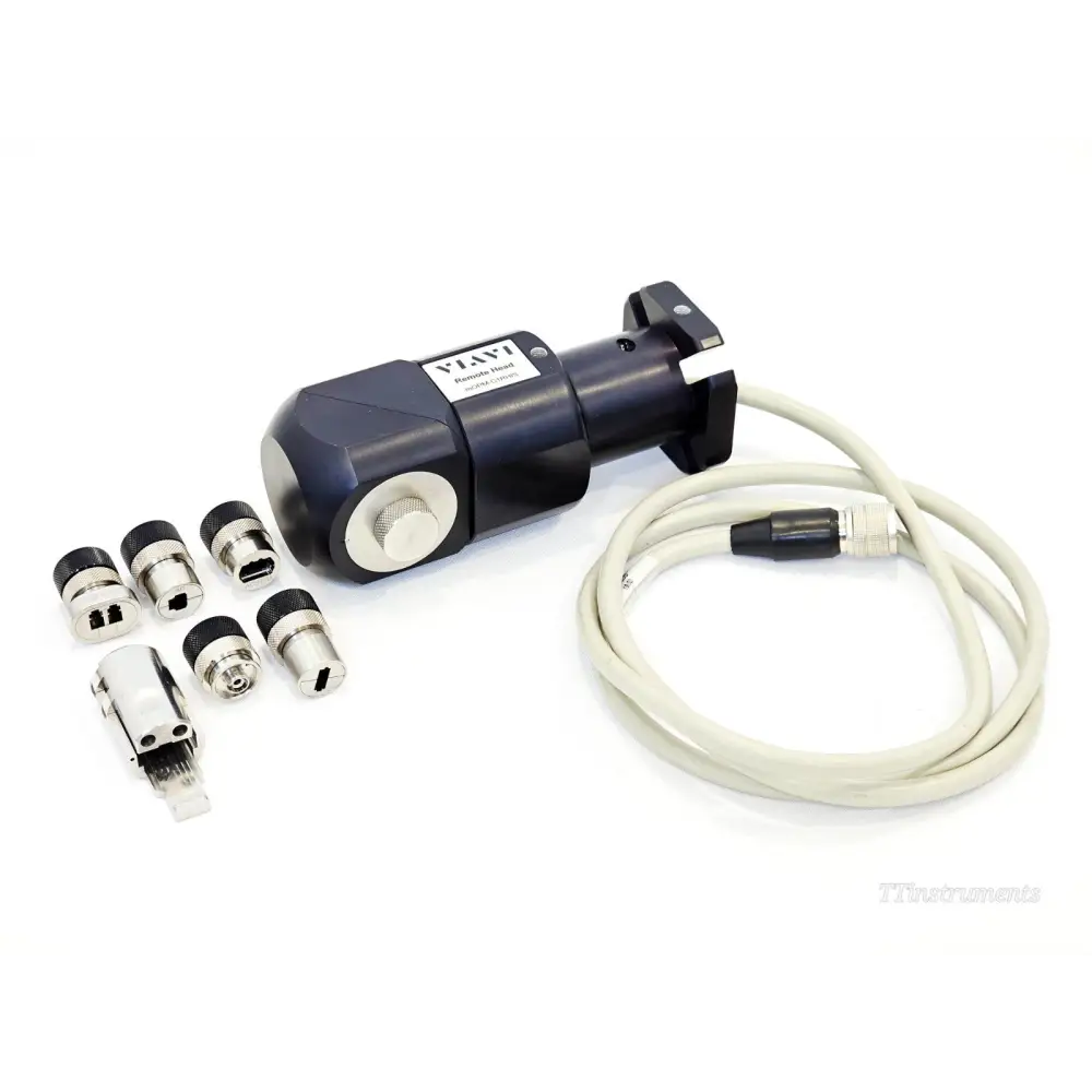 VIAVI mOPM-C1RHIS remote head with five fibre adapter caps, MPO bracket, and coiled interconnect cable