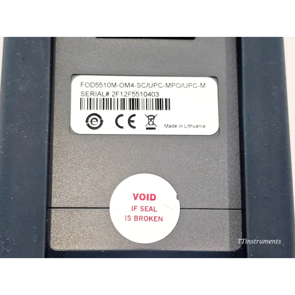 Close-up of FOD5510M rear label showing model number FOD5510M-OM4-SC/UPC-MPO/UPC-M and CE marking