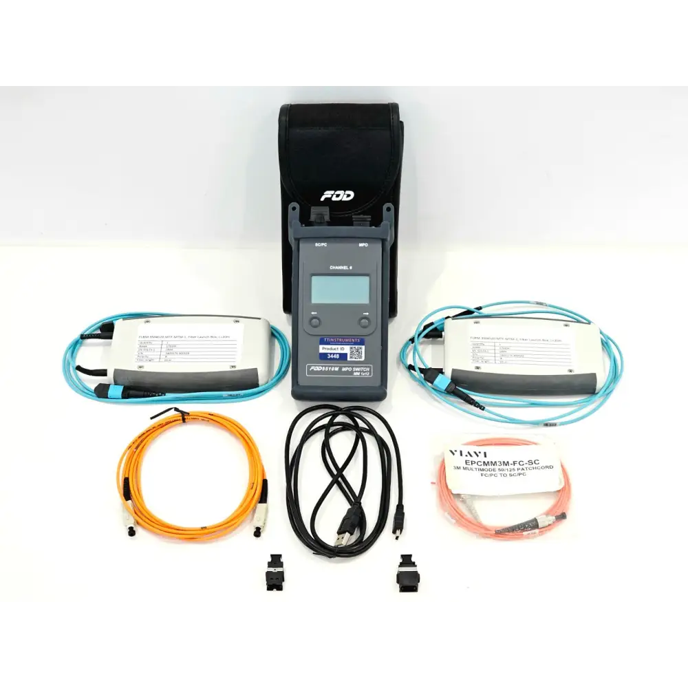 Viavi FOD5510M MPO Switch 1x12 full kit with OM4 launch boxes, patchcords, USB cable and carry case