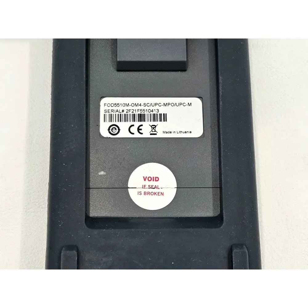 Viavi FOD5510M MPO Switch rear label close-up showing part number FOD5510M-OM4-SC/UPC-MPO/UPC-M and serial number