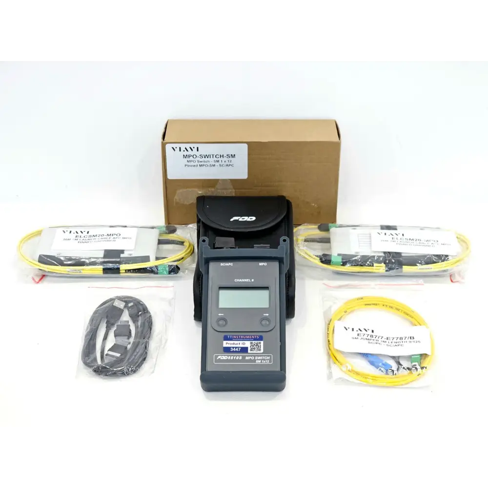 Viavi FOD5510S 1x12 single-mode MPO fibre optic switch front view with launch cables