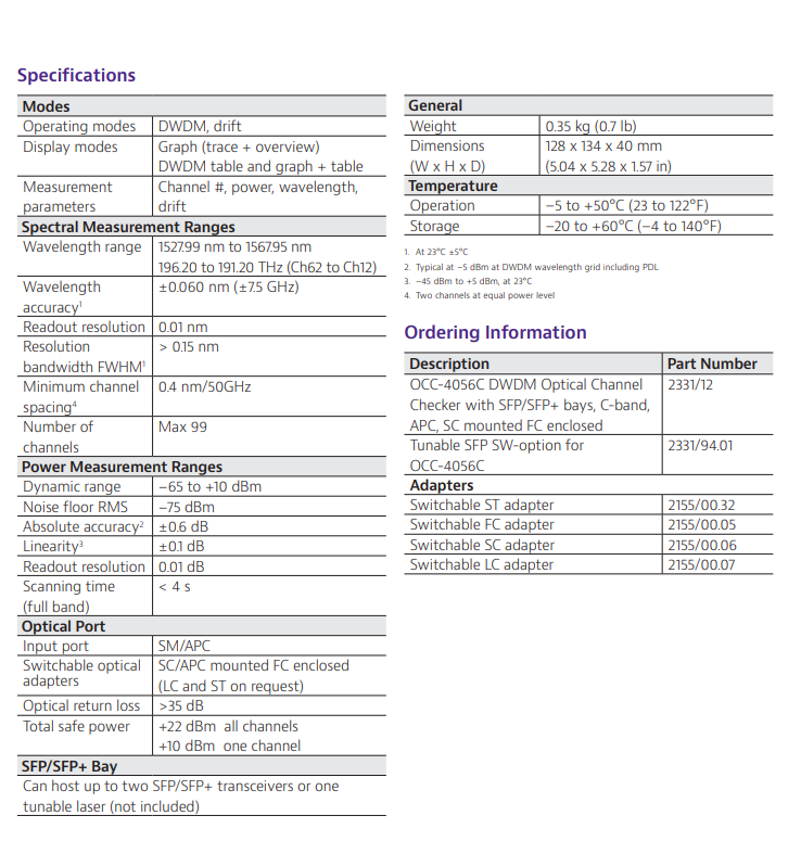 Viavi MTS 2000 V2 + OCC-4056C 2331/12 Optical Channel Checker APC DWDM Analyzer