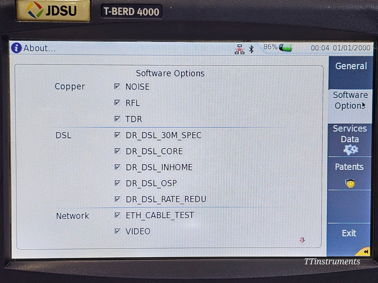 Close-up of Viavi MTS 4000 label showing model and serial number