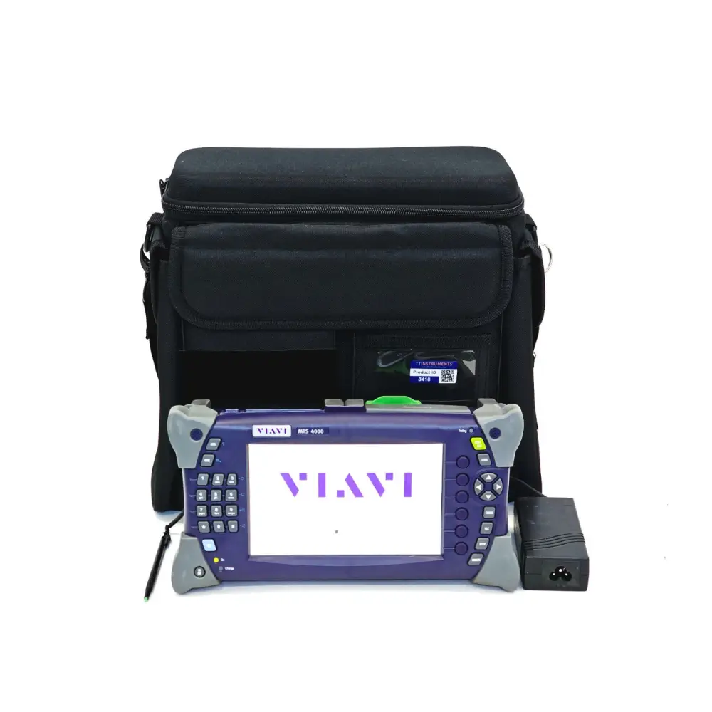 Viavi MTS 4000 OTDR with 4126 LM module, black carry bag, and AC power adapter — full kit view