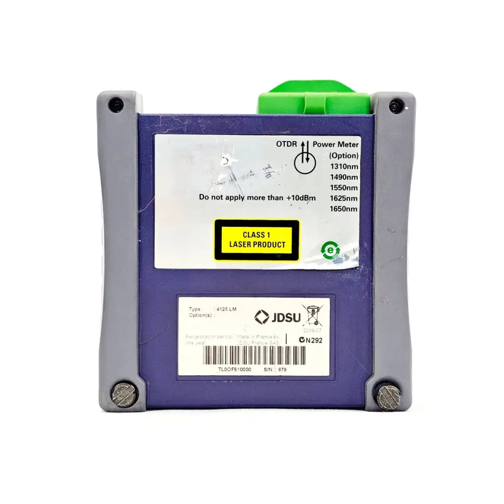 JDSU 4126 LM OTDR module rear label showing Type 4123 LM, S/N 879, Class 1 laser, 1310–1650nm wavelengths, APC SC green cap