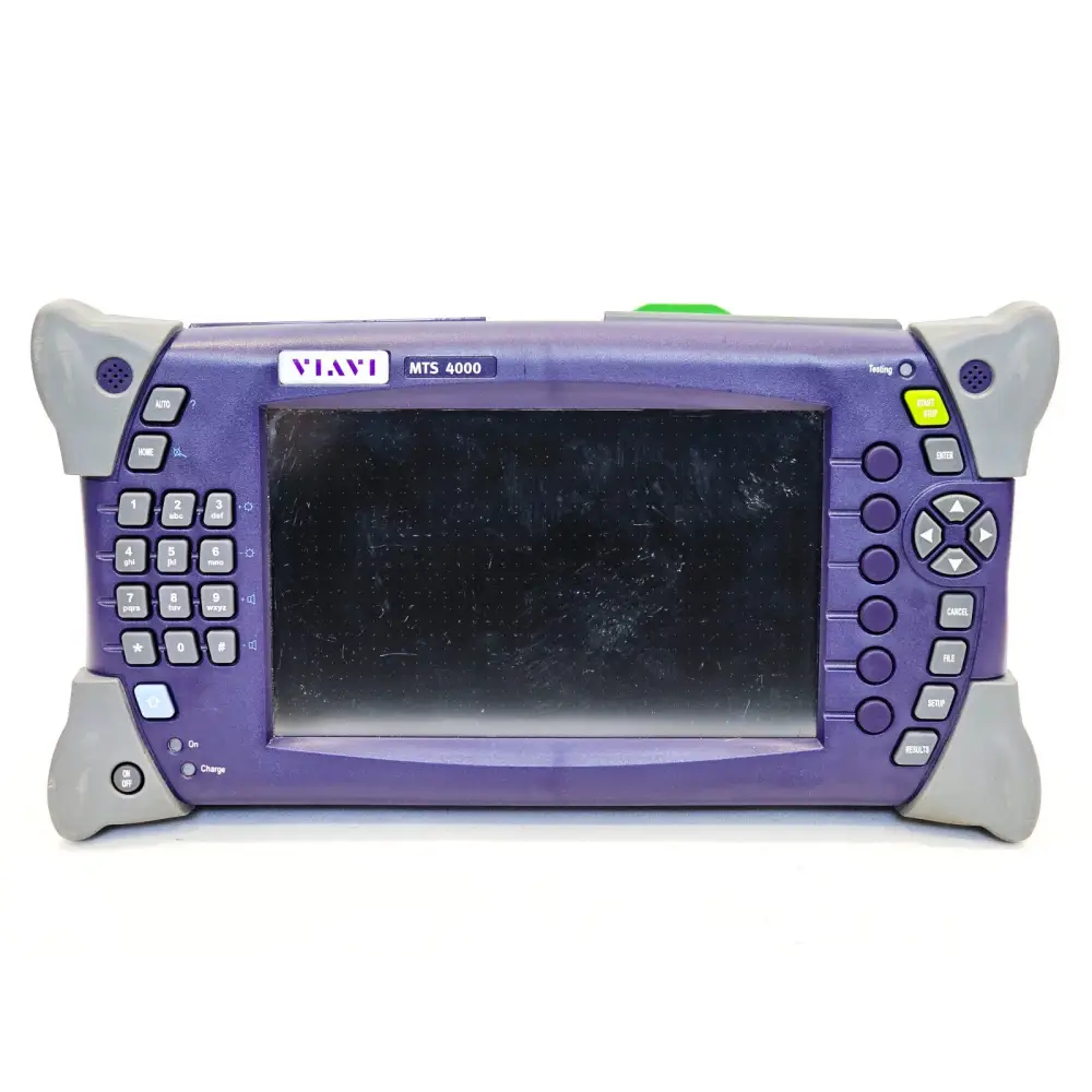 Viavi MTS 4000 OTDR mainframe front view showing 7-inch display, keypad, AUTO, HOME, ENTER, CANCEL, FILE, SETUP, RESULTS buttons