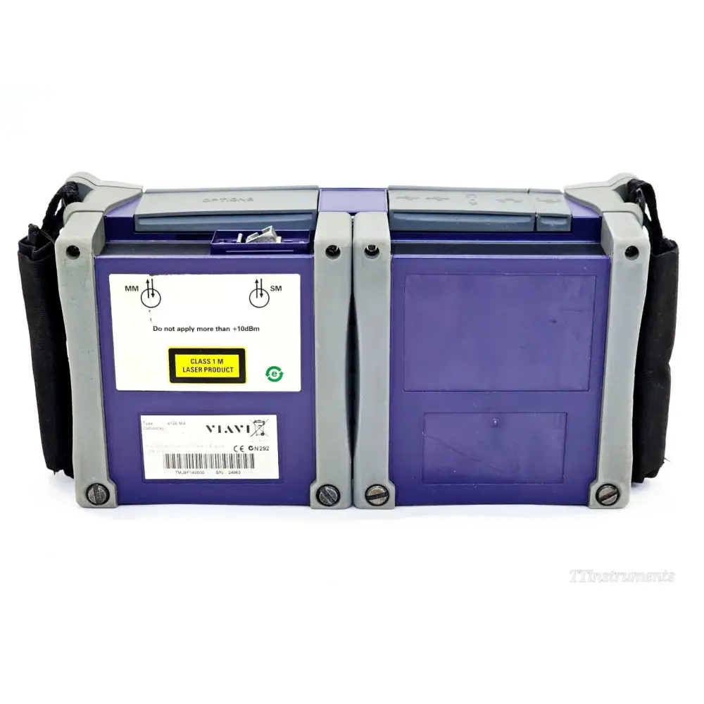 VIAVI JDSU MTS 4000 rear panel showing MM and SM fibre ports, Class 1M laser product label and VIAVI branding