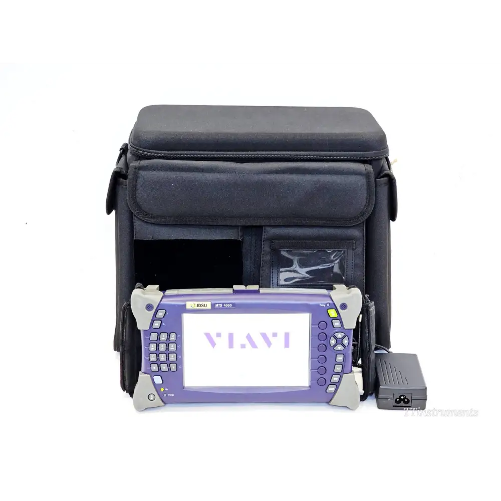 VIAVI JDSU MTS 4000 SM OTDR shown with black soft carry case, AC power adapter, front view