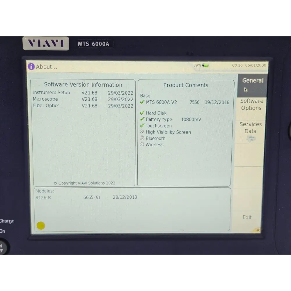 Viavi MTS 6000A V2 OTDR unit power-on display showing firmware and software options screen