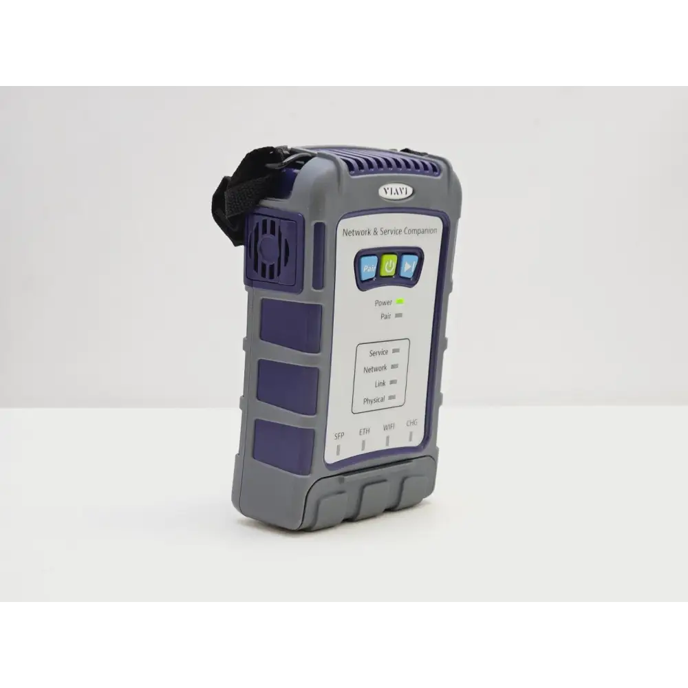 Viavi NSC-100 Network Service Companion angled left-side view showing front panel controls and rubber bumper casing