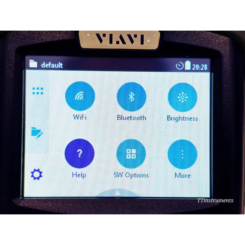VIAVI OLP-87 settings screen showing WiFi, Bluetooth, Brightness, Help, SW Options and More menu icons on touchscreen