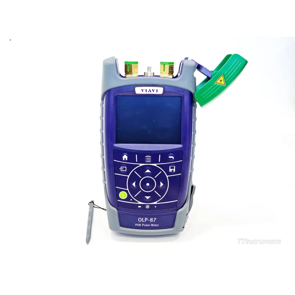 VIAVI OLP-87 PON Power Meter front view showing 3.5-inch touchscreen, keypad, dual SC/APC ports and green test head cover