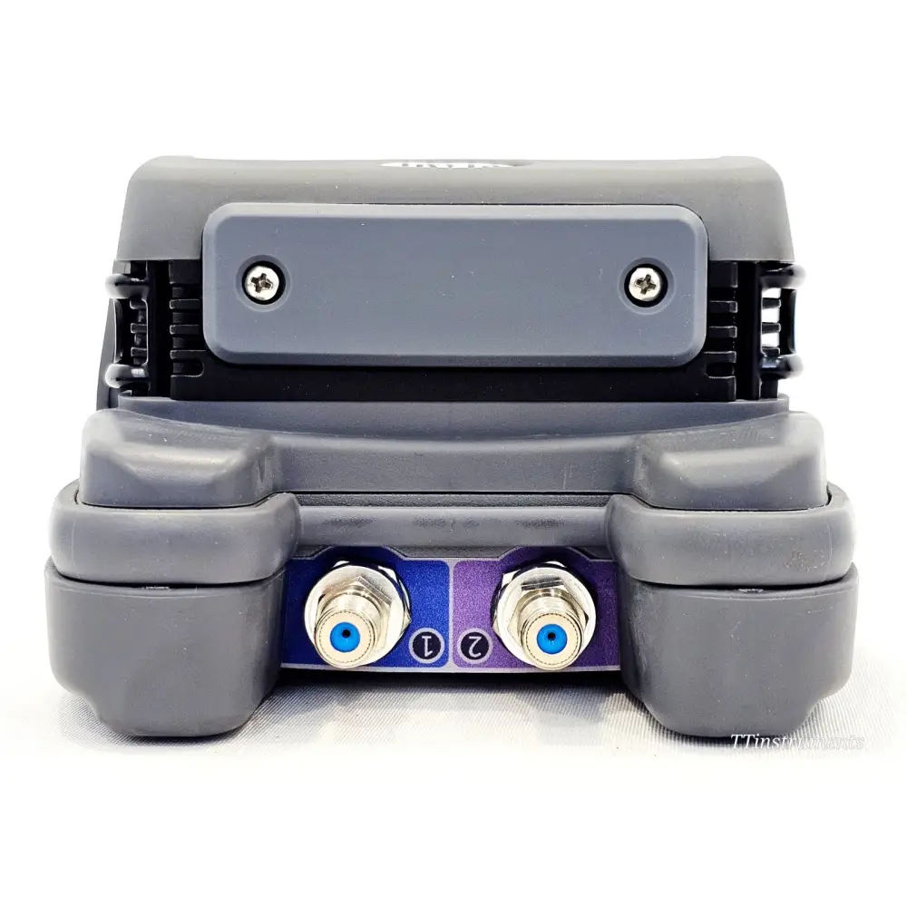 Viavi ONX-630 top view showing two numbered F-type RF connectors (Port 1 and Port 2) in grey bumper