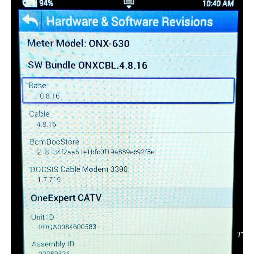 Viavi ONX-630 screen showing Hardware & Software Revisions: SW Bundle ONXCBL.4.8.16, Unit ID RRQA0084600583
