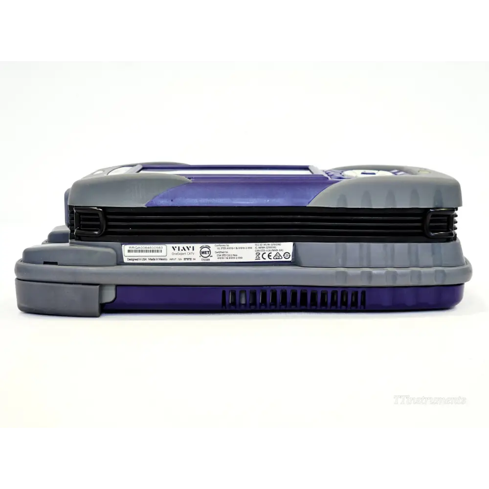 Viavi ONX-630 CATV meter opposite side view showing compliance label with CE FCC and MET markings