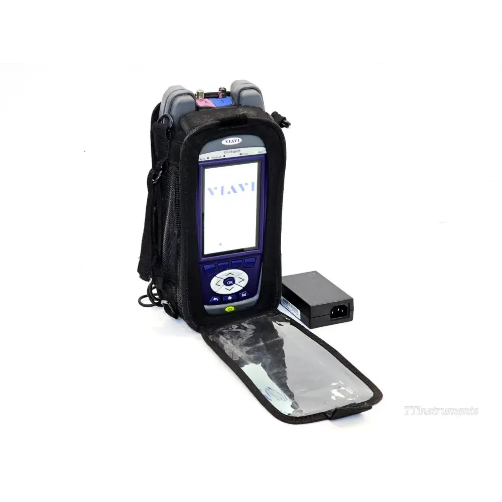 VIAVI ONX-630 DSAM meter in open soft carry case with power adapter beside it, front view