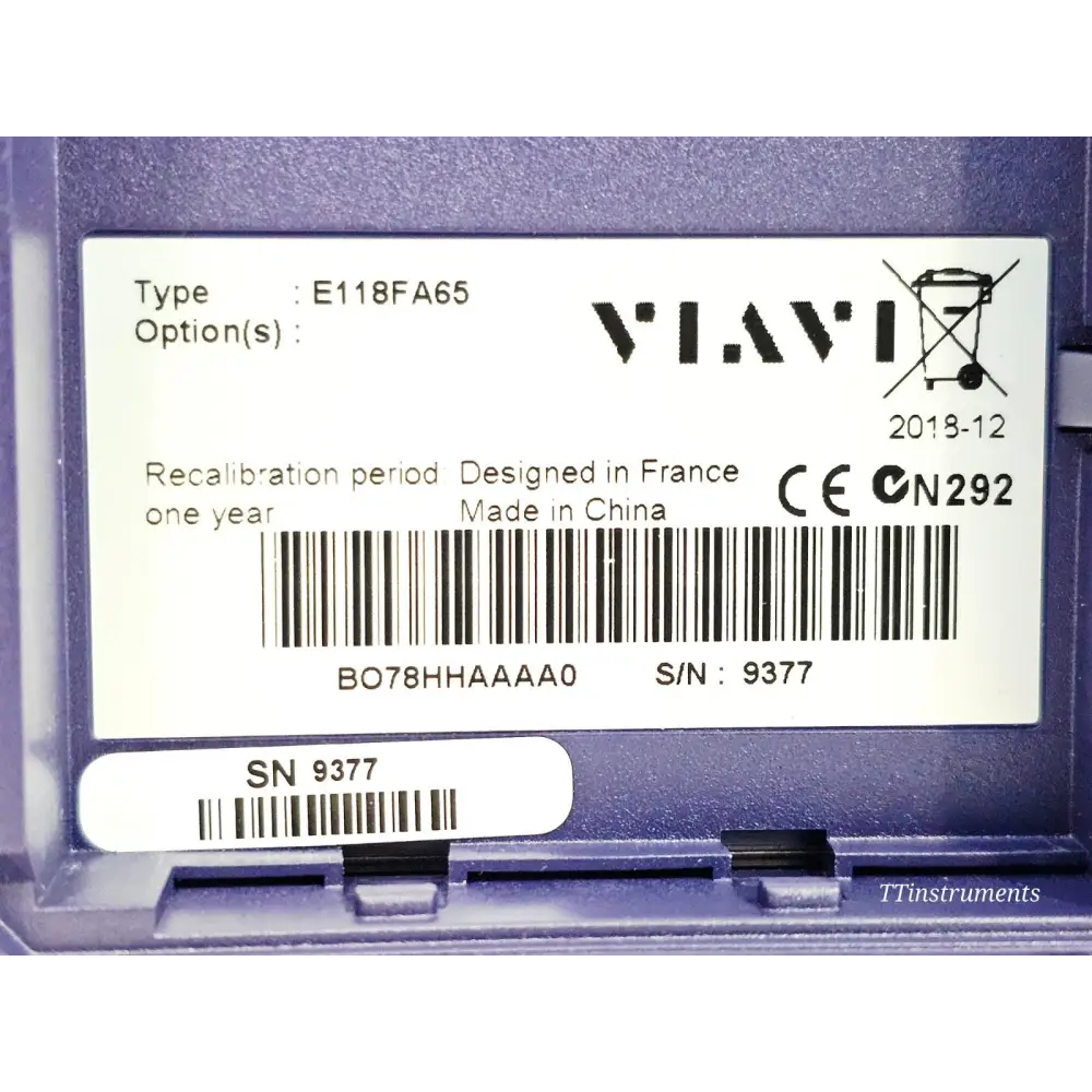 VIAVI SmartOTDR E118FA65 serial number label showing Type E118FA65, S/N 9377, manufactured December 2018