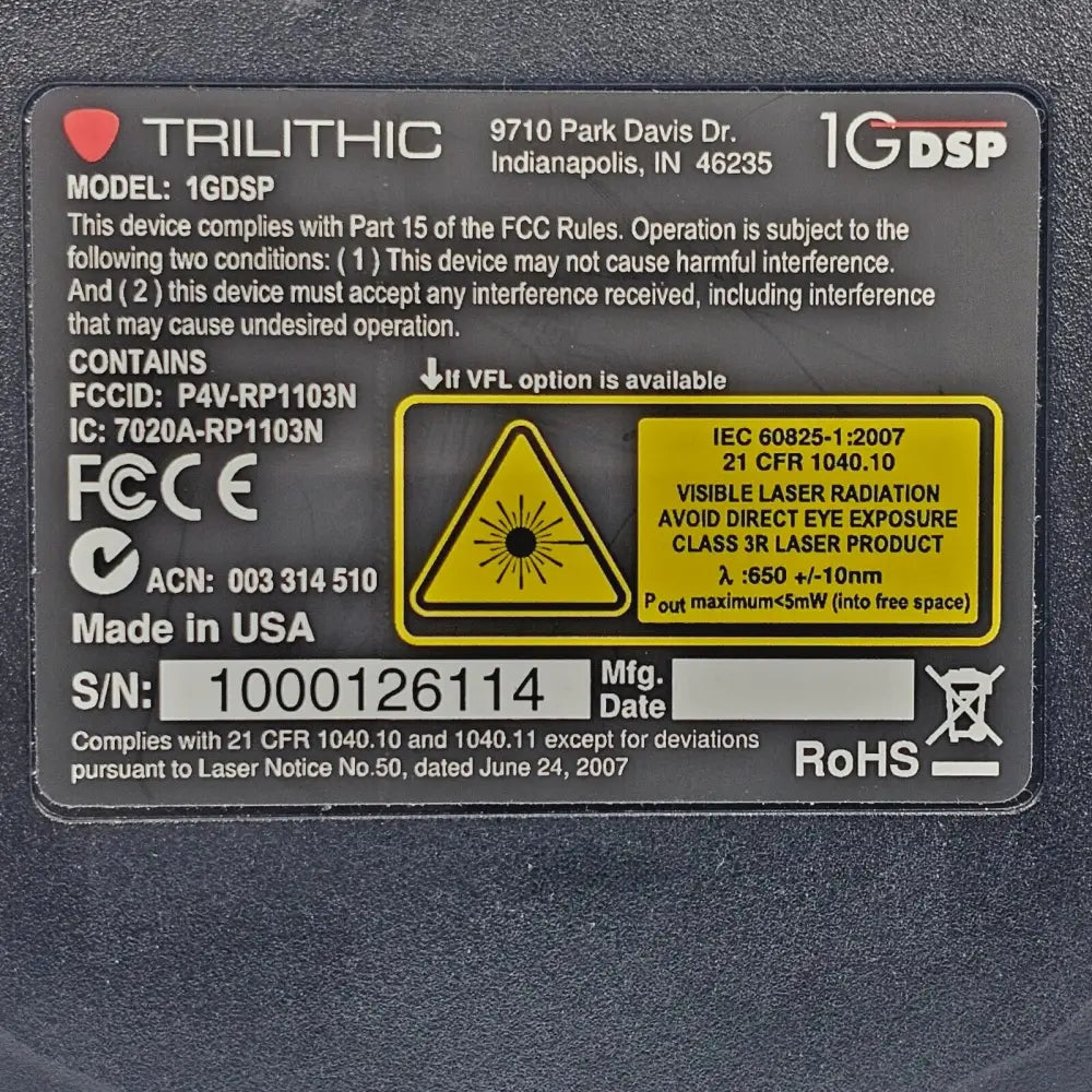 Viavi Trilithic 1G DSP rear panel label showing serial number and model information