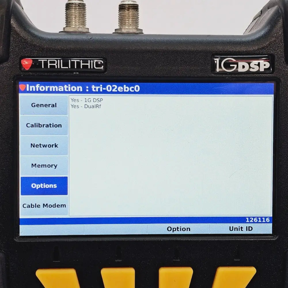 Viavi Trilithic 1G DSP DualRf close-up of instrument label and serial number