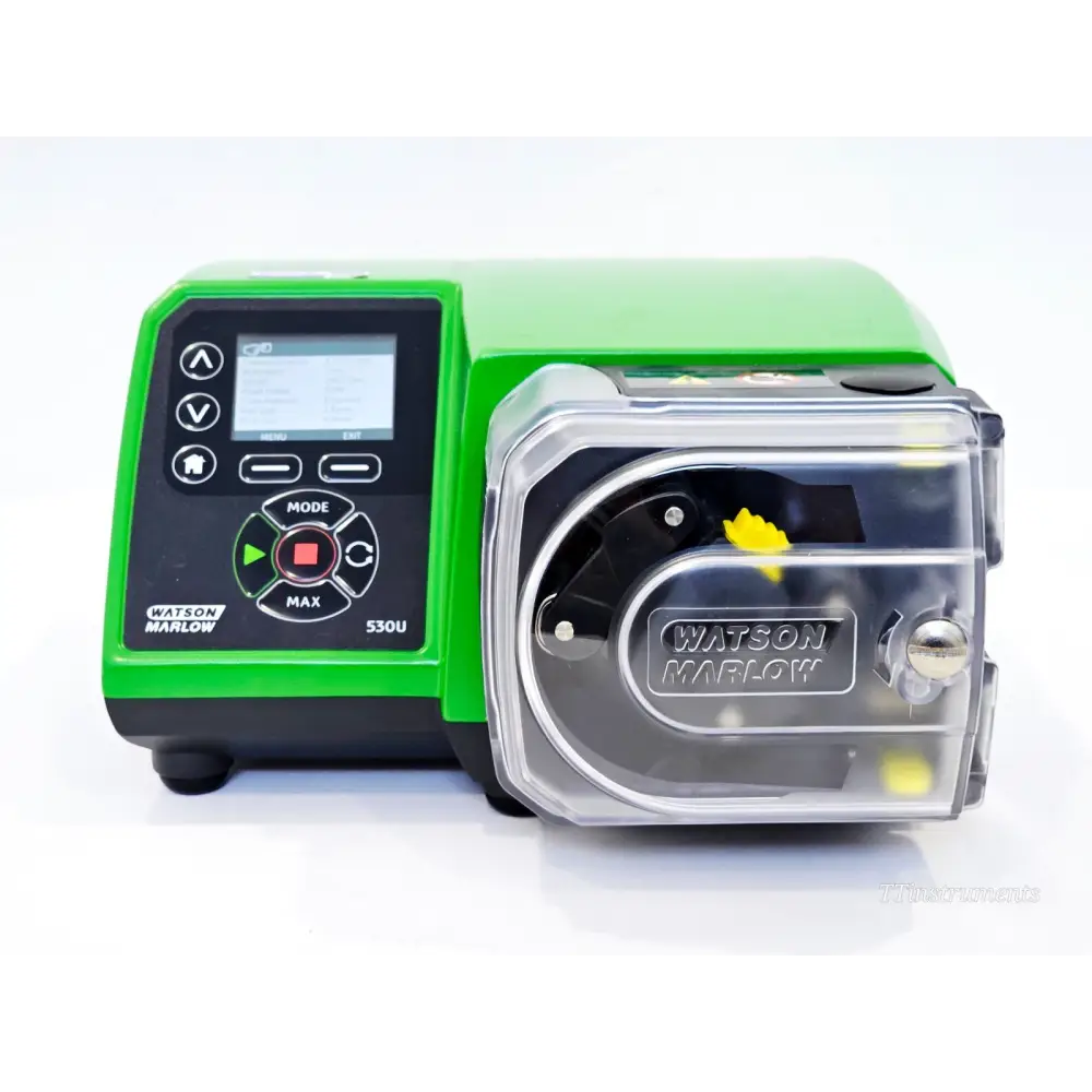 Watson Marlow 530U front panel showing colour display, mode controls, start/stop buttons and 520R pump head with clear cover