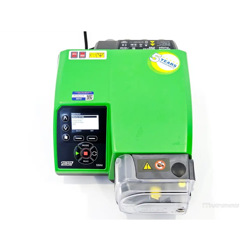 Watson Marlow 530U top-down view showing colour display with main menu, 5-year warranty sticker and TTInstruments product label