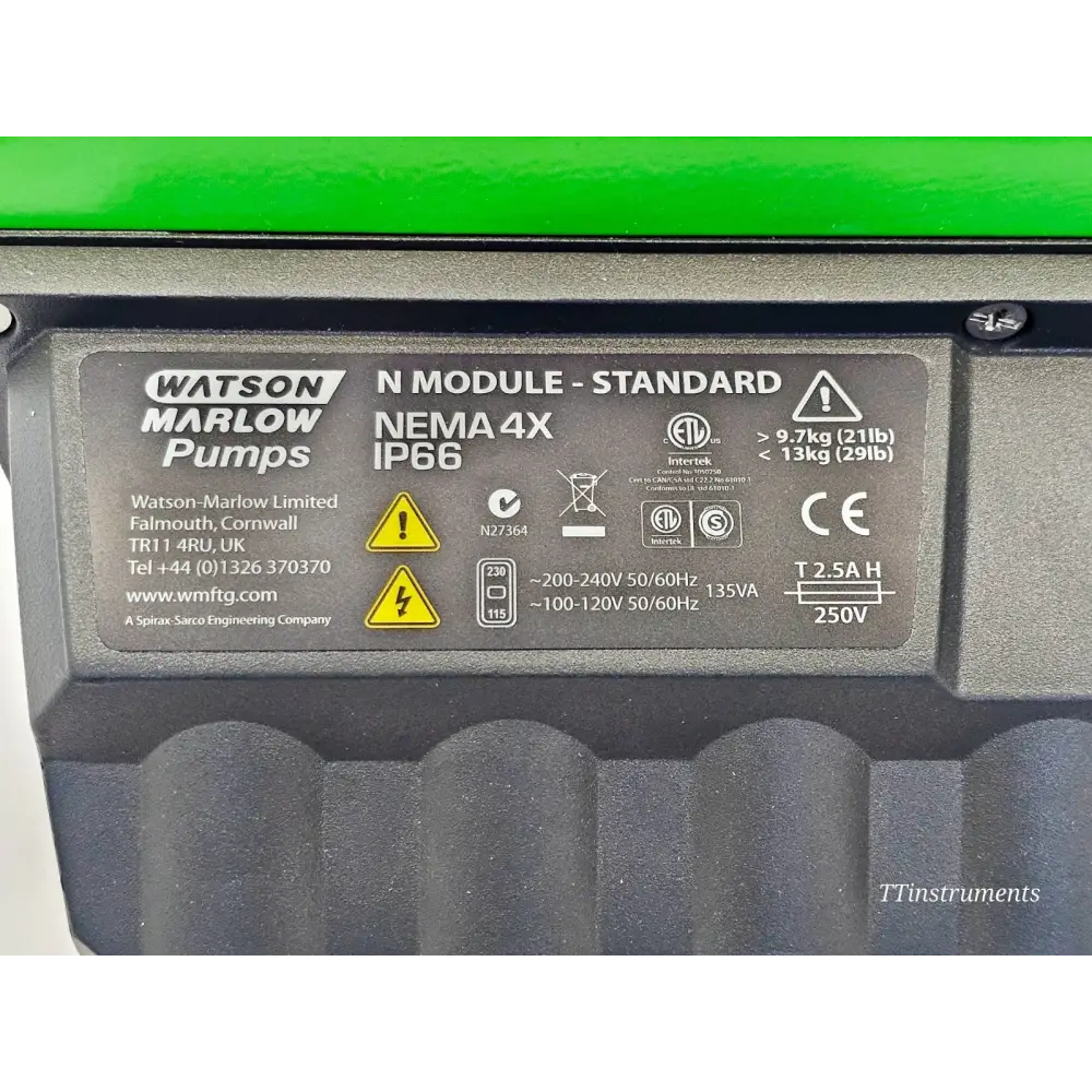 Watson Marlow 530UN close-up of rating label: NEMA 4X, IP66, 200-240V/100-120V 50/60Hz, 135VA, T2.5AH fuse, CE marked