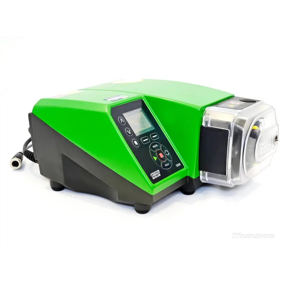 Watson Marlow 530UN IP66 peristaltic pump — left rear three-quarter view showing mains cable connector and 520R head