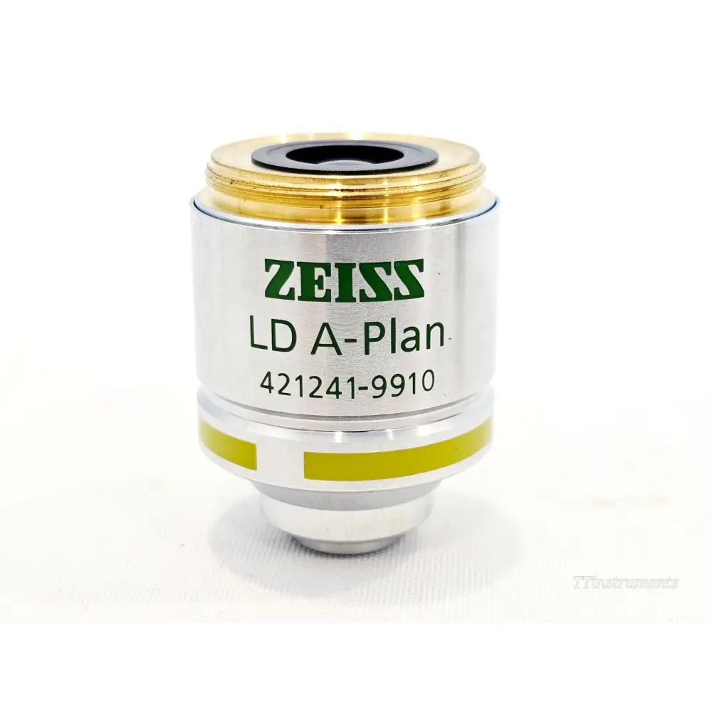 ZEISS LD A-Plan 421241-9910 objective rear view showing LD A-Plan name, part number, and yellow colour-code band