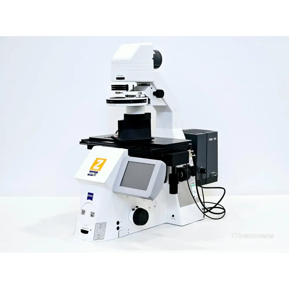ZEISS Axio Observer Z1 right-side view showing TFT touchscreen display, Z logo panel, HBO 100 fluorescence lamp and stage