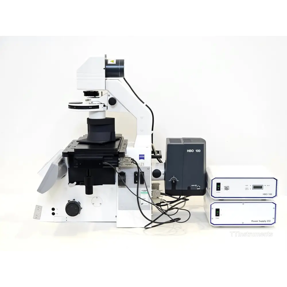 ZEISS Axio Observer Z1 inverted microscope side view with HBO 100 lamp attached, HBO 100 and Power Supply 232 units beside