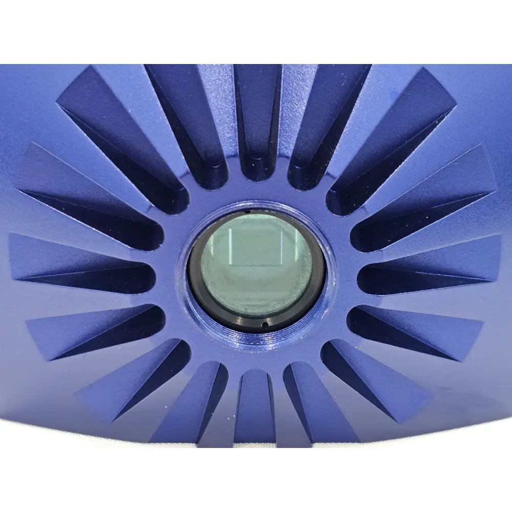 Zeiss AxioCam HRc 412-312 close-up of C-mount CCD sensor port with protective glass window and radial heat-sink fins