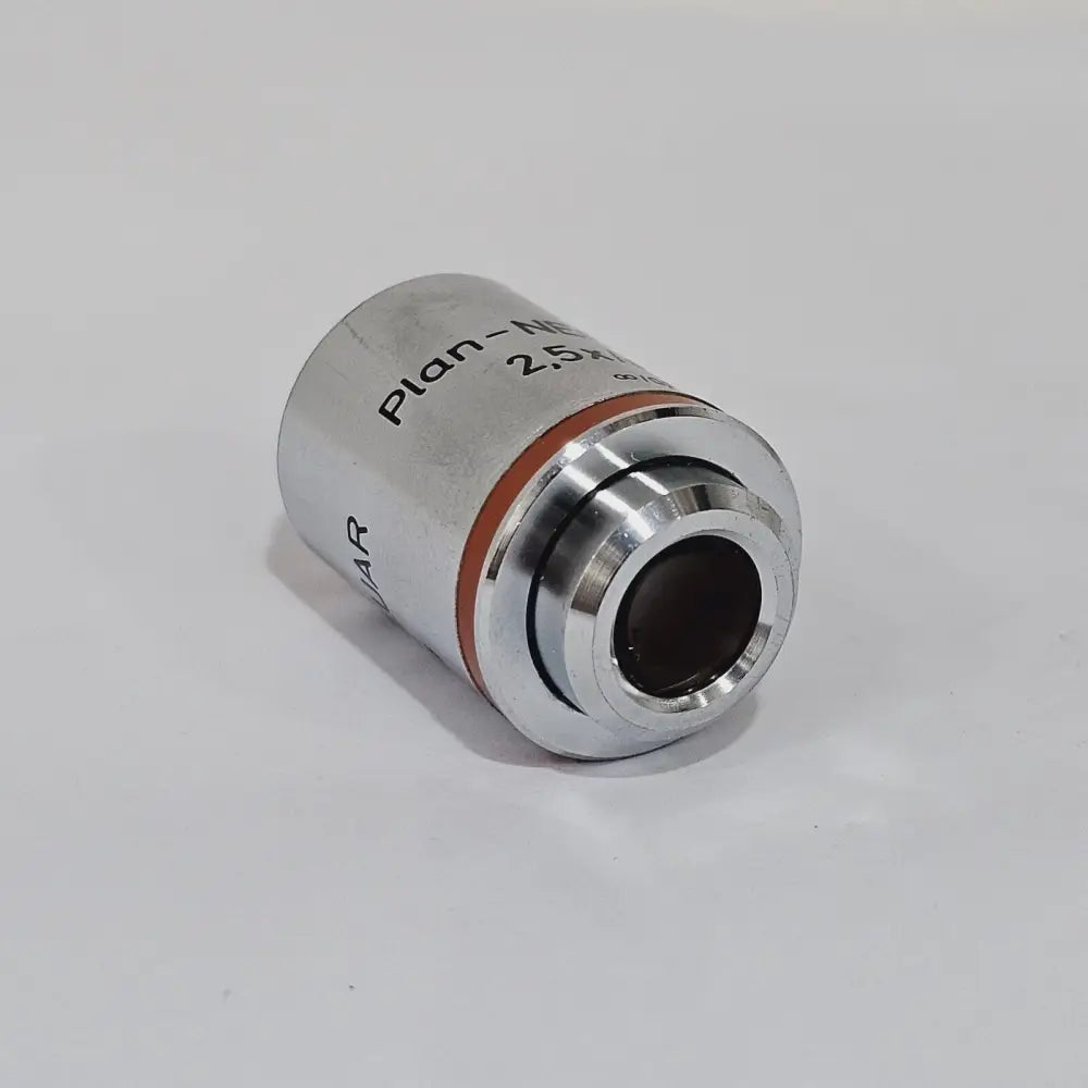 Zeiss Plan-NEOFLUAR 2.5x/0.075 objective front lens element view showing clean glass and orange colour-code band