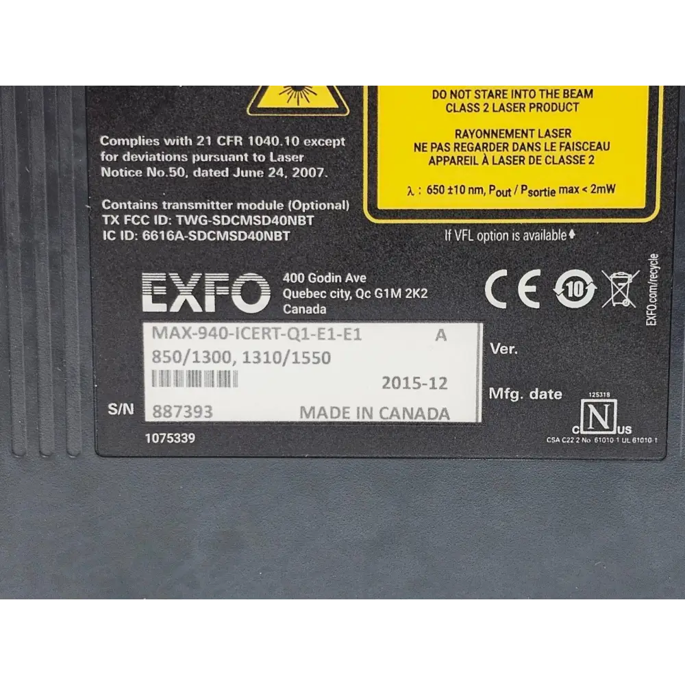EXFO MAX-940 fiber certifier touchscreen showing FasTesT results and pass/fail status