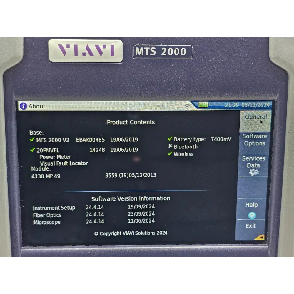 Viavi MTS 2000 V2 mainframe showing built-in visual fault locator port