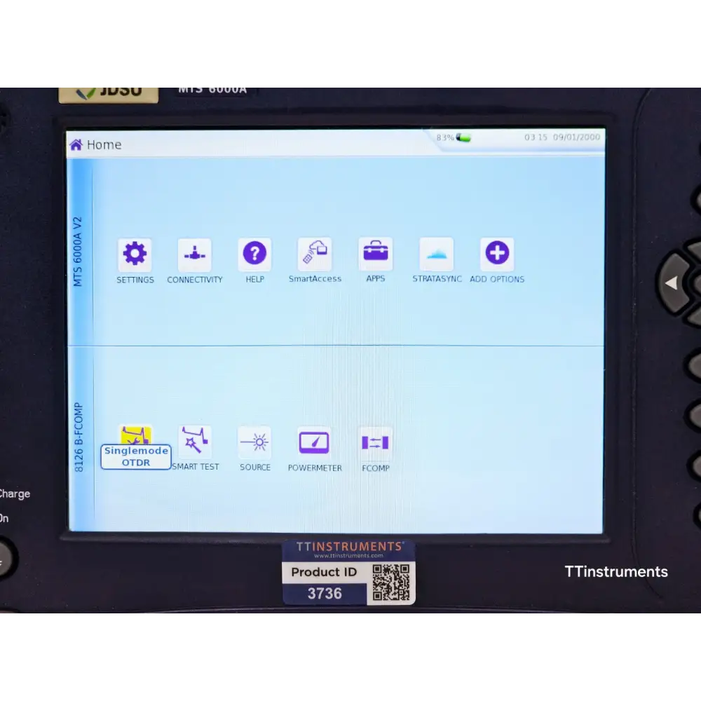 Viavi MTS 6000A V2 Home screen showing 8126 B-FCOMP module with Singlemode OTDR, SMART TEST, Source, PowerMeter and FCOMP icons