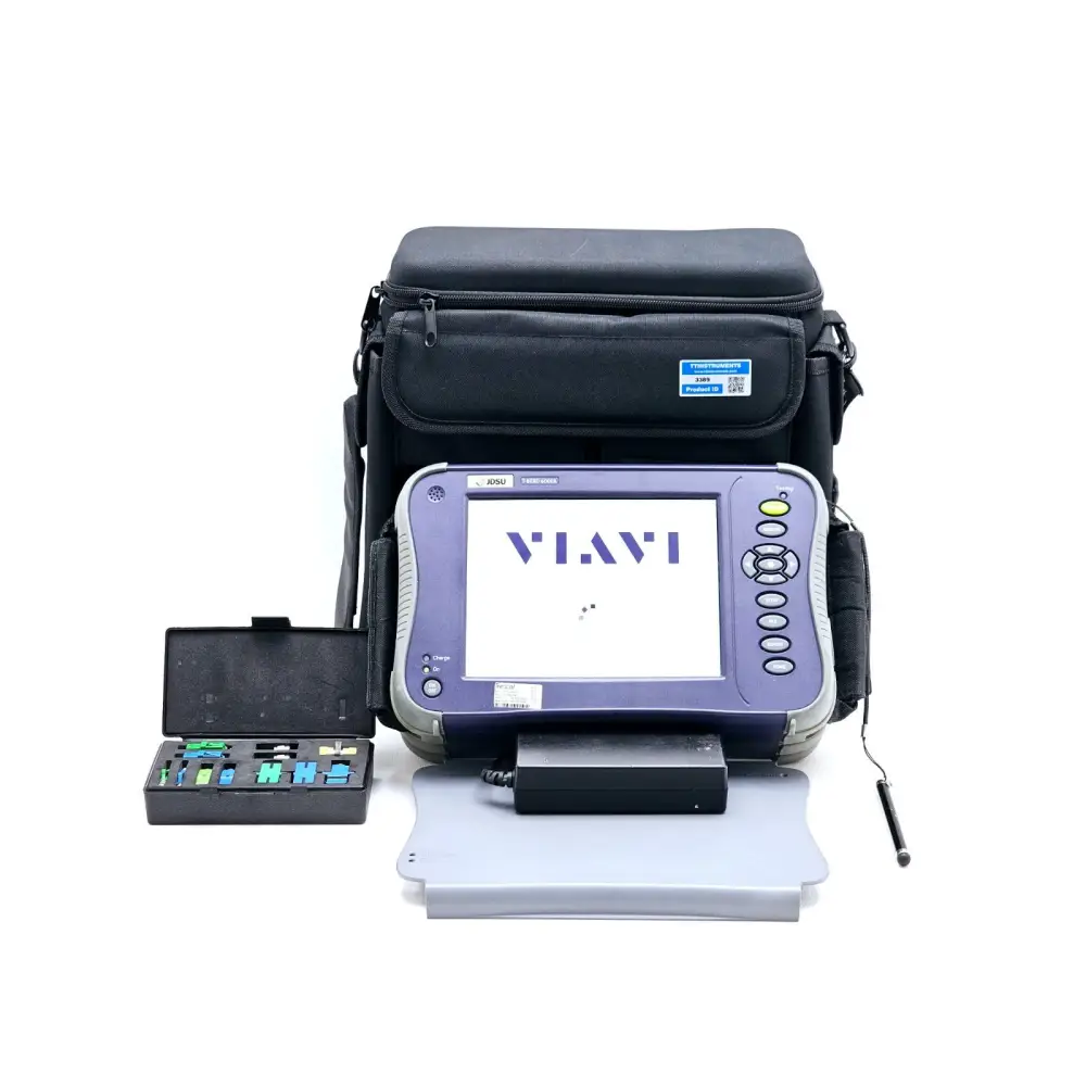 Viavi JDSU T-BERD 6000A V2 OTDR full kit laid out with carry bag, AC adapter, stylus, adapter kit and quick-start guide
