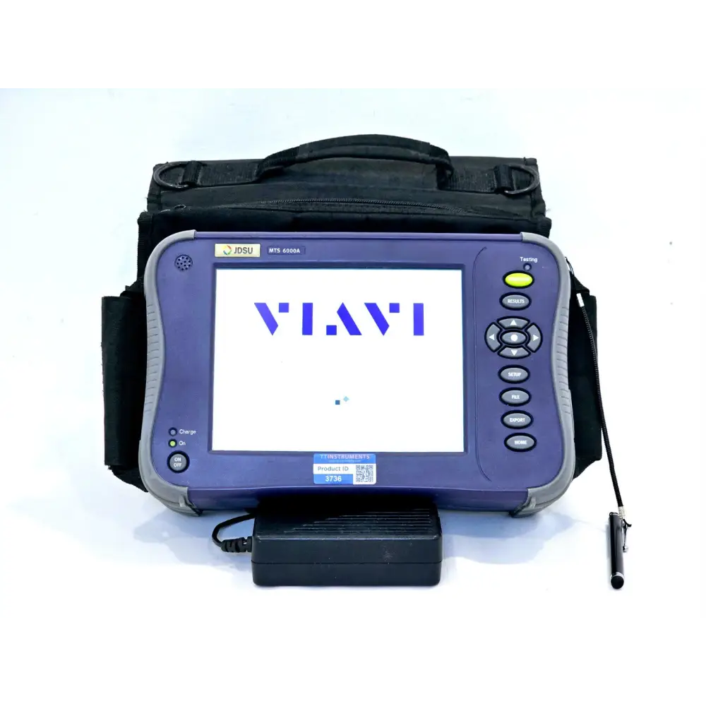 Viavi JDSU MTS 6000A V2 OTDR front view showing VIAVI boot splash screen, with carry bag, AC adapter and stylus