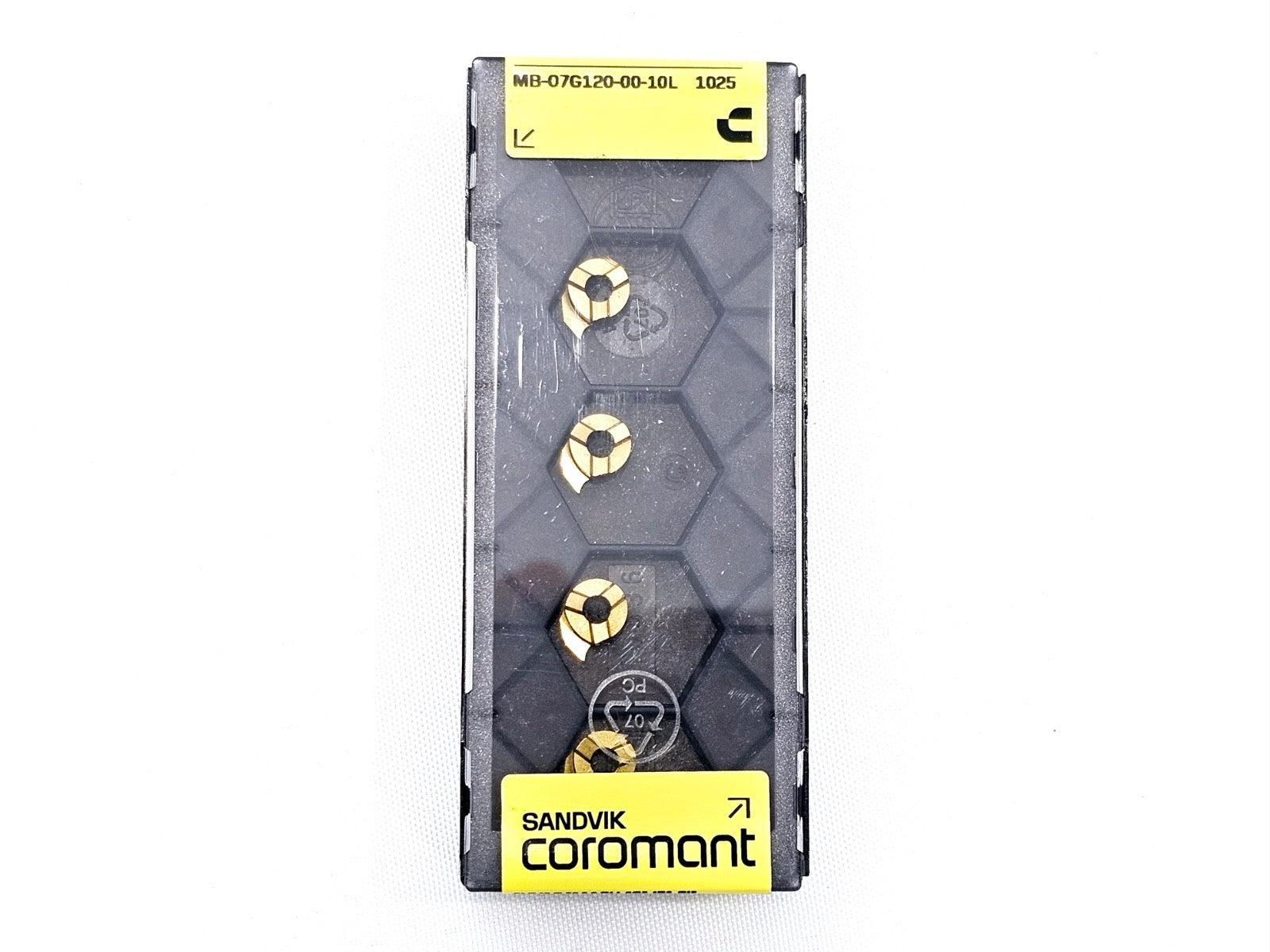 Sandvik Coromant MB-07G120-00-10L 1025 CoroCut MB pack front showing 4 gold PVD-coated inserts