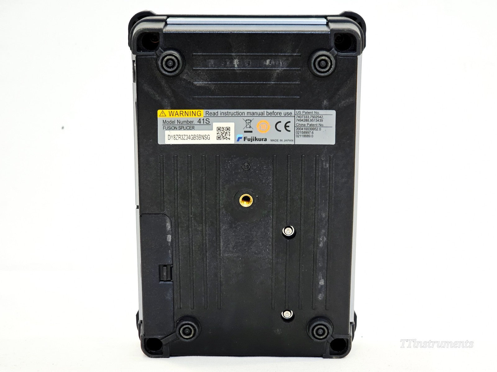 Fujikura 41S fusion splicer base label showing model number 41S, serial number DY8ZR3Z34GB5BNSG, Made in Japan