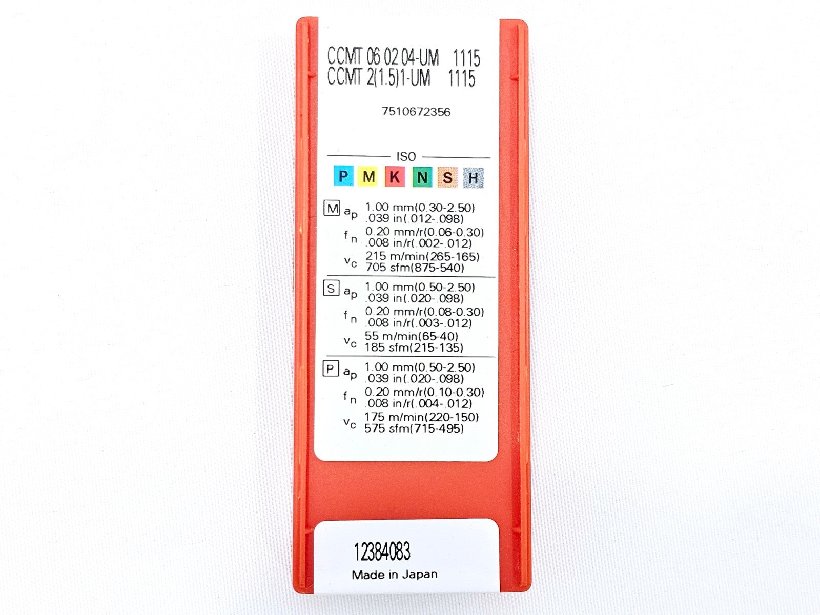 Sandvik Coromant CCMT 060204-UM 1115 insert pack rear label showing cutting data, ISO grades and part number 7510672356